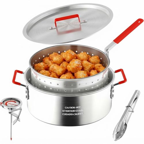 10QT Fish Fryer Pot with Basket, Lid & Tongs, Aluminum Frying Pot