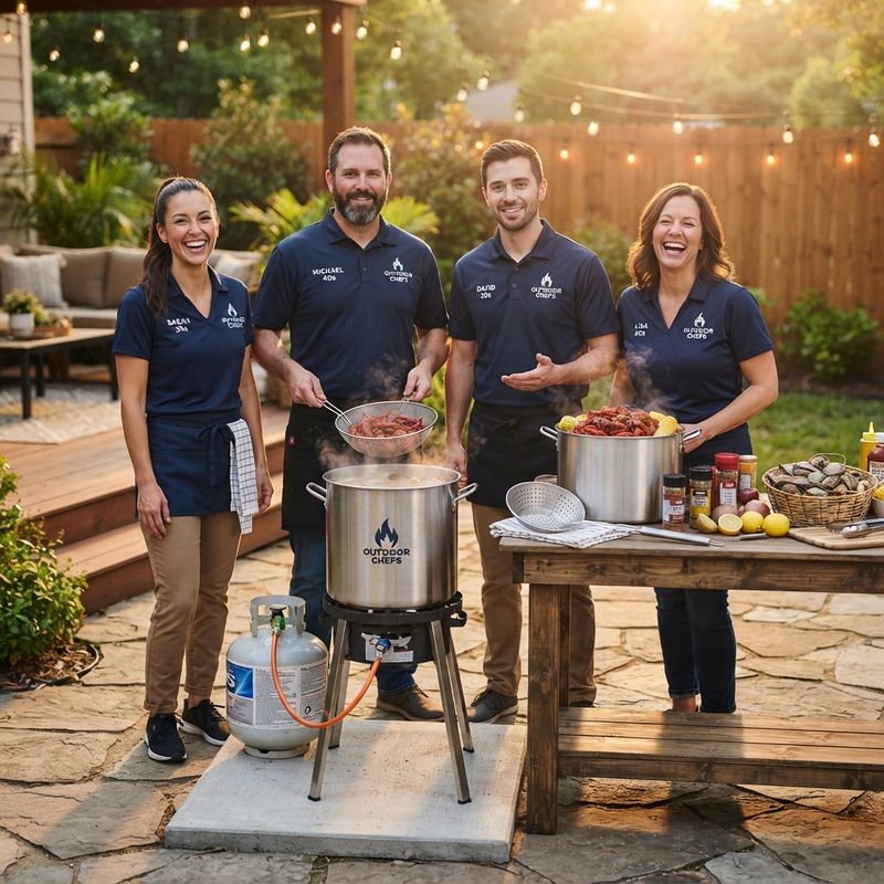 Outdoor propane cooking setup with a stainless pot and cast iron burner