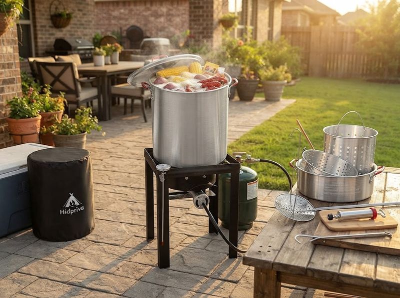 Heavy steel stand holding a full 30-quart turkey fryer pot