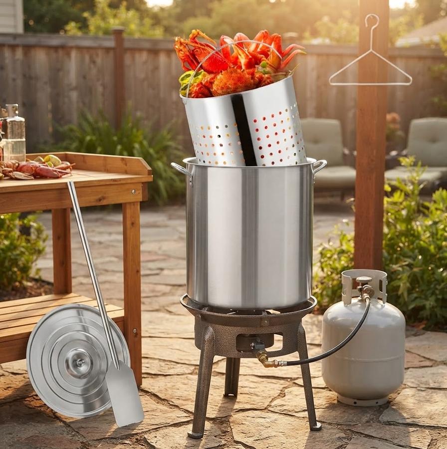 Stainless seafood boil pot with strainer basket and paddle