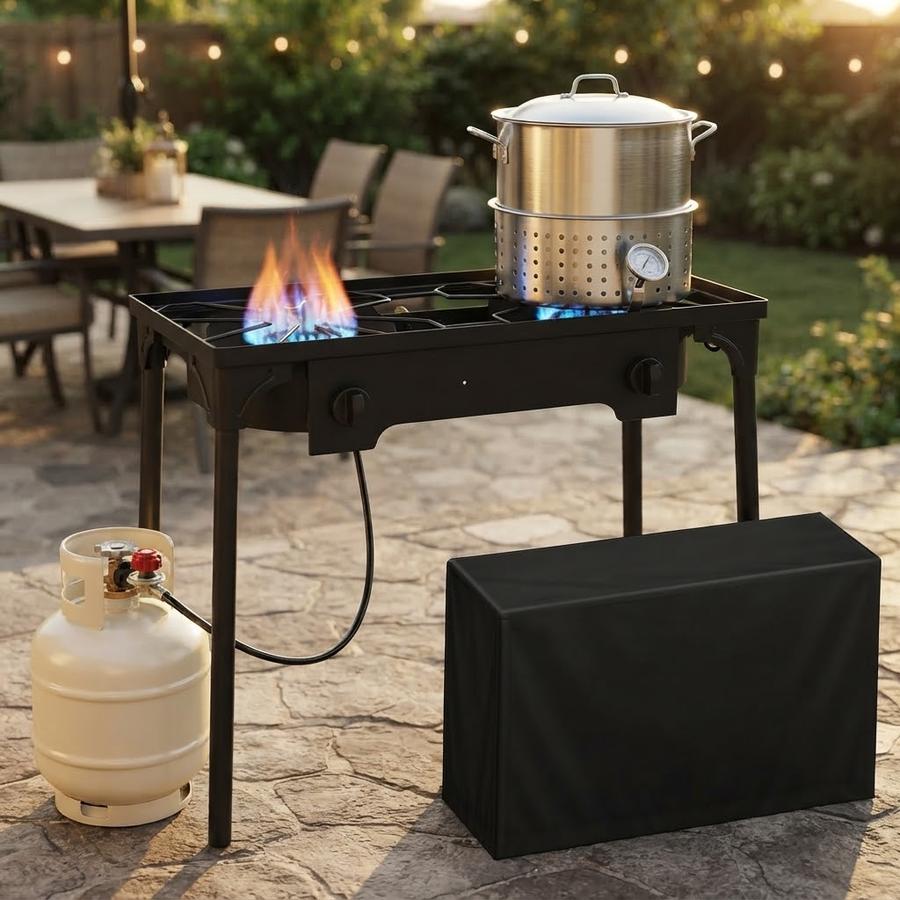 Two-burner propane stove with a certified regulator on a patio