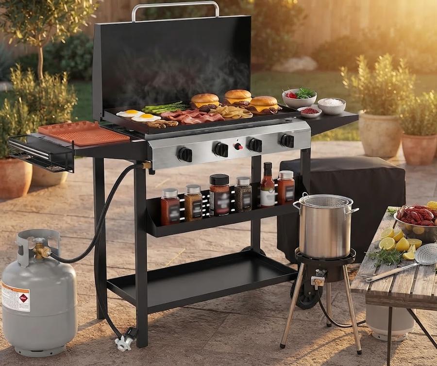 Four-burner flat-top propane griddle on a wheeled cart